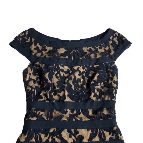 Tadashi Shoji Dress Womens 4 Navy Tan Floral Lace Overlay Banded Sheath 3K915M - Picture 6 of 16